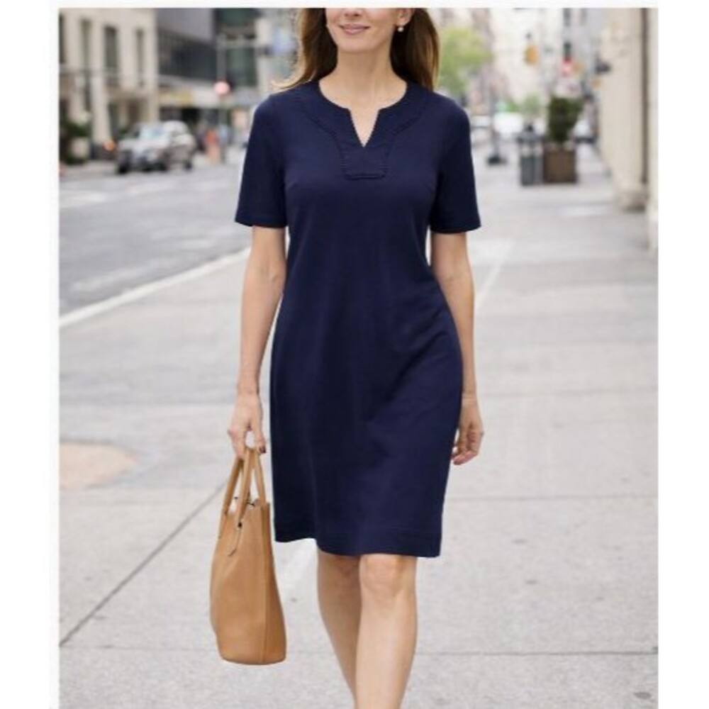 Talbots Knit Dress Petite P Navy Blue Mini Ball Fringe at Neck Short Sleeve